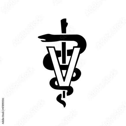 Veterinary caduceus symbol with snake and stick. Isolated on white background. Vector illustration.