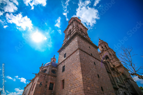 Beautiful view of the Colonial Cathedral of Morelia in Michoacan, Mexico, sunny day photo