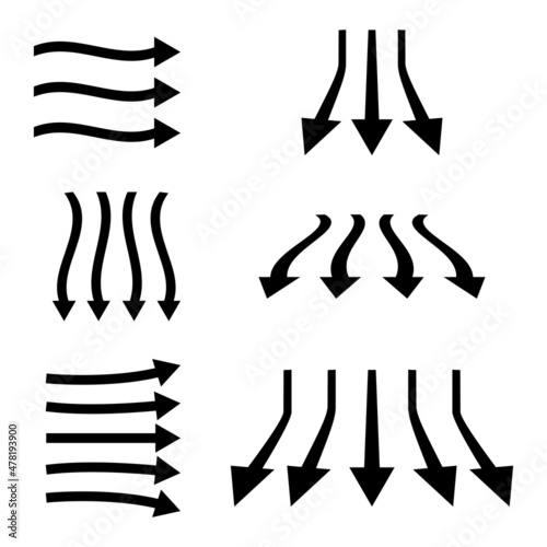 Set of black color arrows. Clean, fresh air flow. Filtration direction, arrows. A stream of cold air from the conditioner. Wind direction