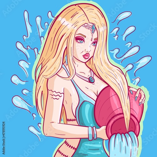 Astrological concept art of an aquarius woman holding a jug and pouring water. Zodiacal air sign represented by a blonde woman in a blue dress.