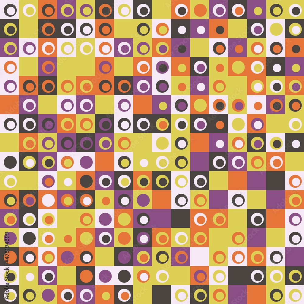 Colored squares with dots inside. Vector canvas with a texture of tiles from bright squares.