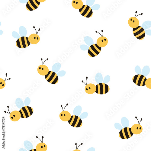 Cute seamless bee pattern. Cartoon vector illustration isolated on white background. It can be used for wallpapers, wrapping, cards, patterns for clothes and other.
