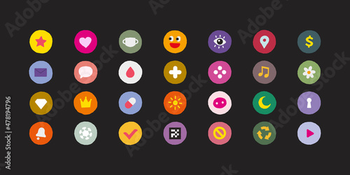 Set of colorful icons. Colorful round stickers and stickers on a dark background.