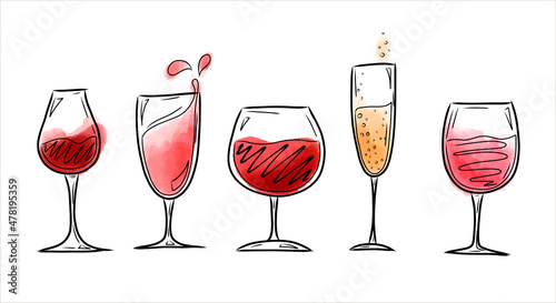 A set of vector illustrations with glasses of red and white wine, watercolor splashes of wine. Isolated elements on a white background. Vector illustration Hand-draw style