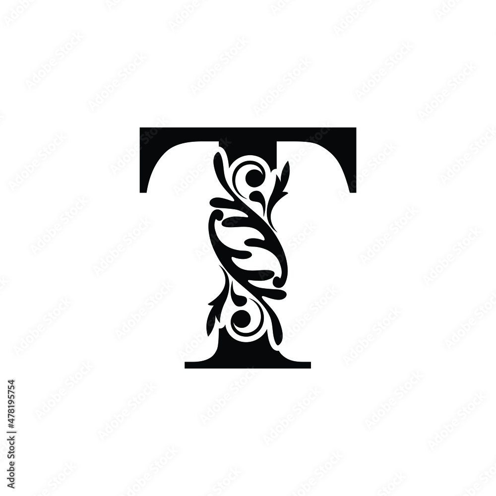 Obraz premium letter T. Black flower alphabet. Beautiful capital letters. 