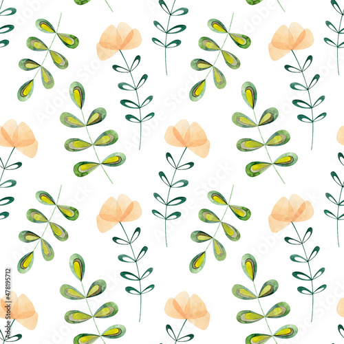 Seamless watercolor floral pattern with fairy flowers on white background