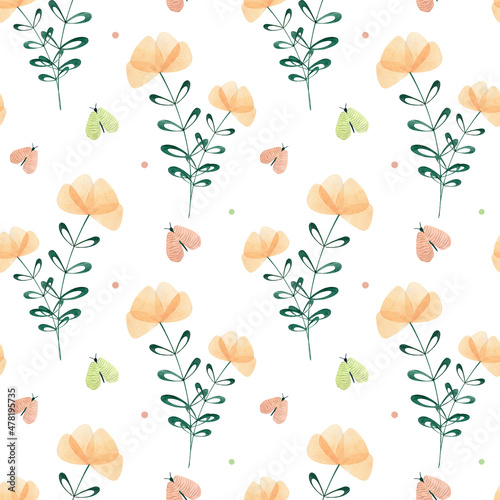 Seamless watercolor floral pattern with fairy flowers on white background