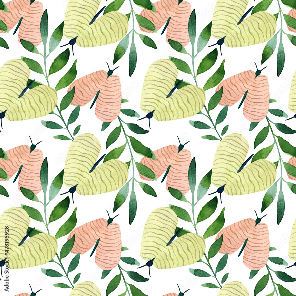 Fototapeta premium Seamless watercolor floral pattern with green leaves and butterflies on white background
