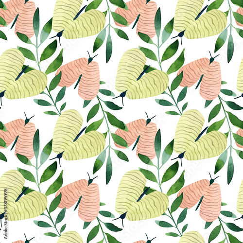Seamless watercolor floral pattern with green leaves and butterflies on white background