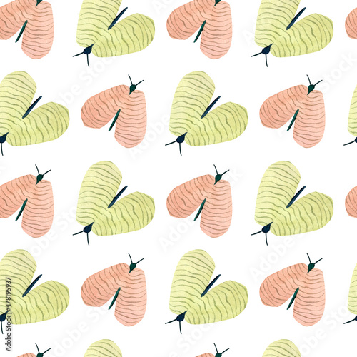 Seamless watercolor natural pattern with pink and green butterflies on white background