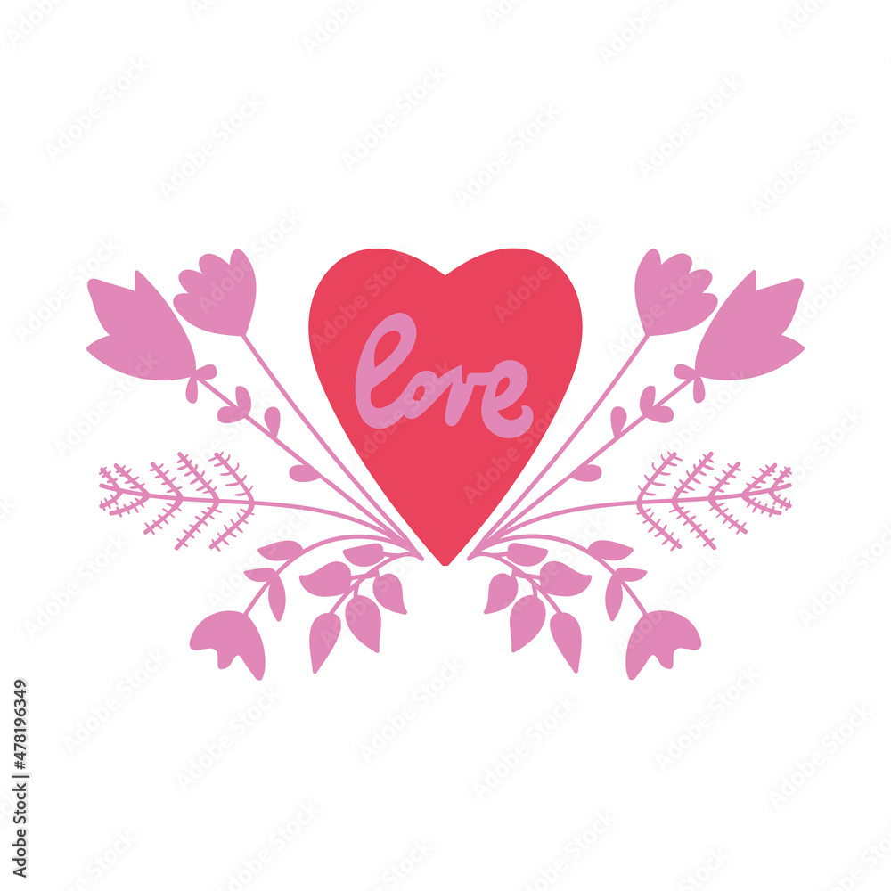 Valentine heart illustration with floral elements and word Love.