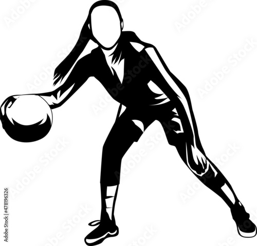 
a silhouette illustration of a woman dribbling a basketball