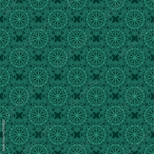 Seamless background with emerald elegant mandala motifs. Decorative gender neutral pattern in minimalists style. photo