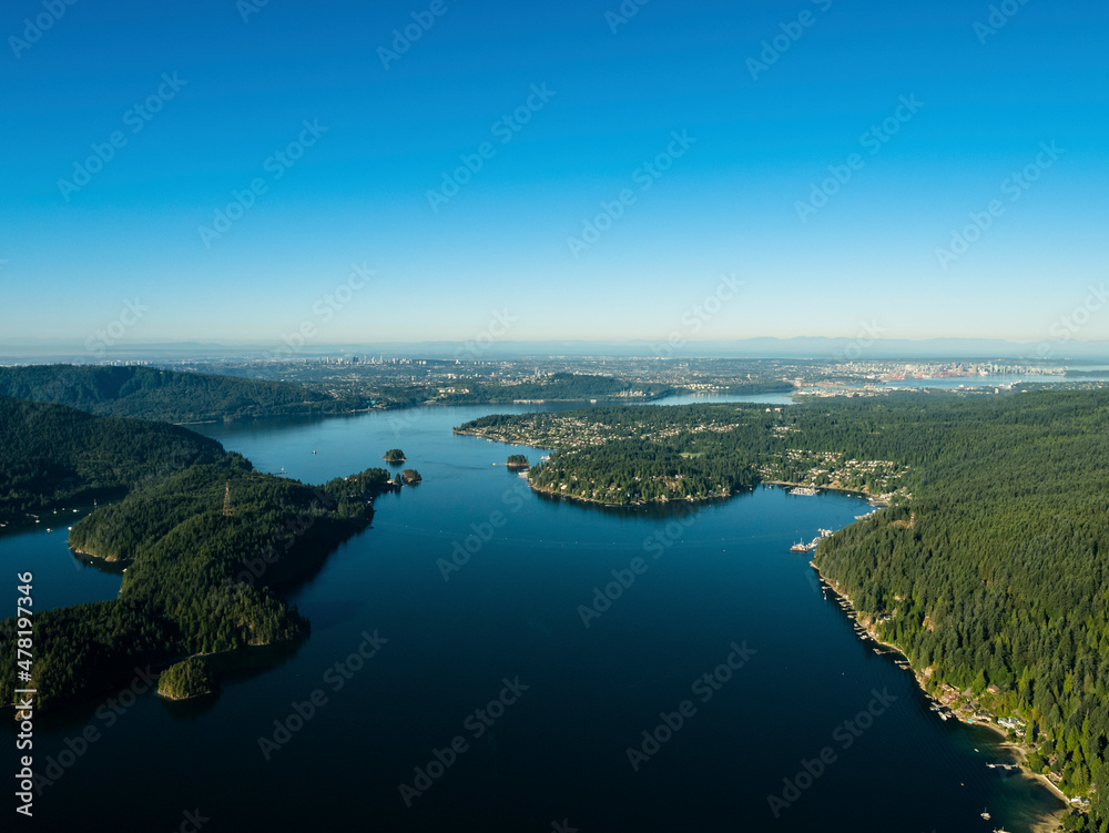 Stock aerial photo of Belcarra and Indian Arm, BC, Canada