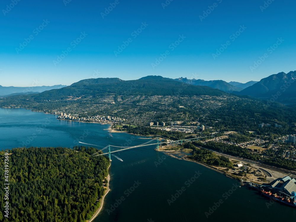 Stock aerial photo of Lions Gate Bridge and West Vancouver, BC, Canada