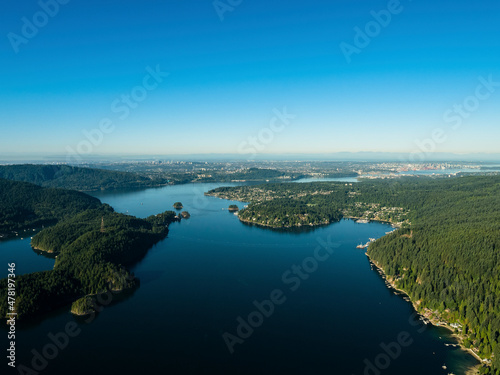 Stock aerial photo of Belcarra and Indian Arm, BC, Canada