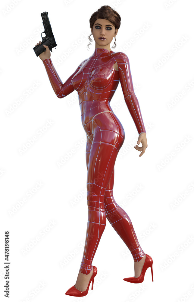 futuristic woman in a Red uniform and shoes, armed with gun, 3d illustration futuristic woman in a Red uniform and shoes, armed with gun, 3d illustration
