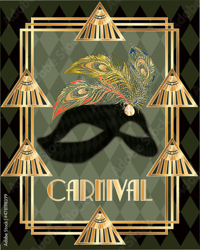 Carnival mask invitation card, art deco style , vector illustration