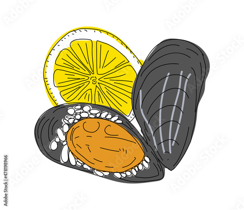 Street food. Stuffed mussels. Heap of mussels in shells stuffed with rice and served with lemon. Design element for poster, menu, flyer, banner, package. Vector.