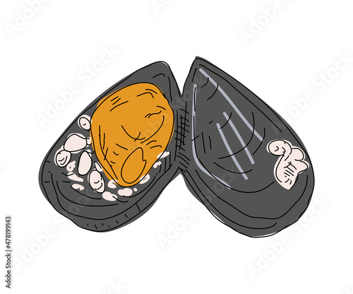 Street food. Stuffed mussels. Heap of mussels in shells stuffed with rice and served with lemon. Design element for poster, menu, flyer, banner, package. Vector.