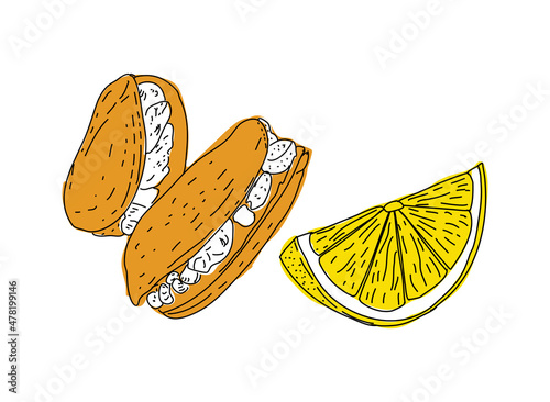 Street food. Stuffed mussels. Heap of mussels in shells stuffed with rice and served with lemon. Design element for poster, menu, flyer, banner, package. Vector.