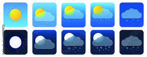 Vector drawing. Set of weather icons in the style of glass morphism.
