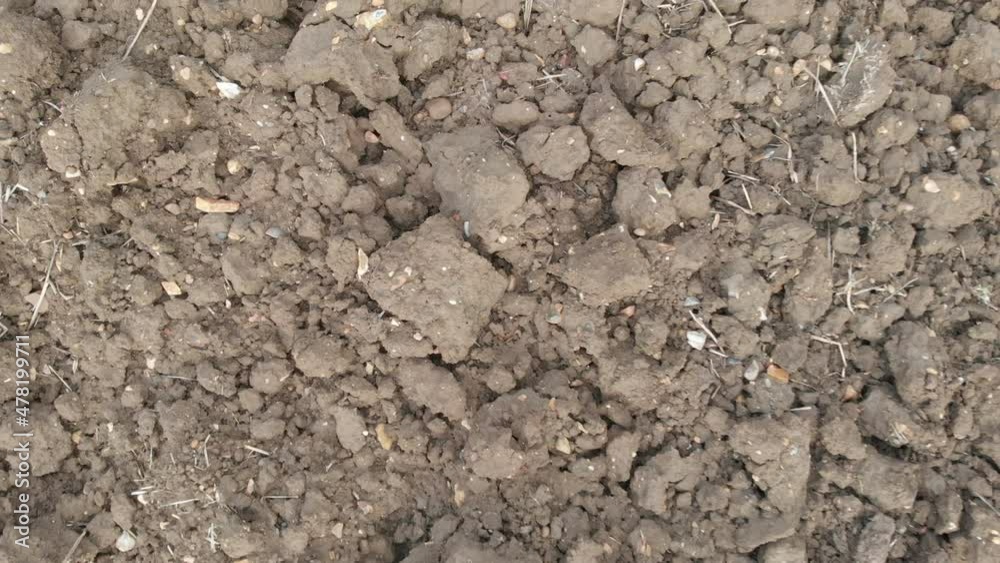 Descending and spinning over ploughed field from drone point of view. Descending and spinning over ploughed field from drone point of view.