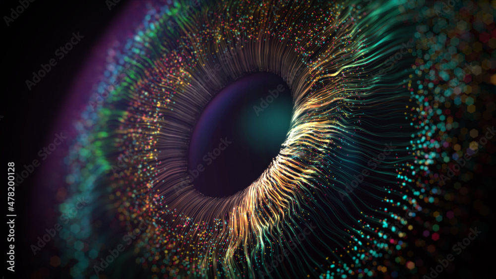© Ayesha - Human multicolored iris of the eye animation concept. Rainbow lines after a flash scatter out of a bright white circle and forming volumetric a human eye iris and pupil. 3d rendering background in 4K