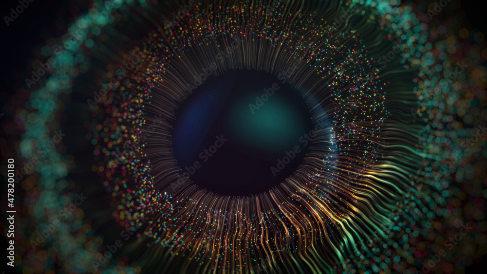 Golden colored human digital iris lines after a blast scattering out of a bright circle and forming volumetric human blue eye model. 3d rendering animated abstract background in 4K Golden colored human digital iris lines after a blast scattering out of a bright circle and forming volumetric human blue eye model. 3d rendering animated abstract background in 4K