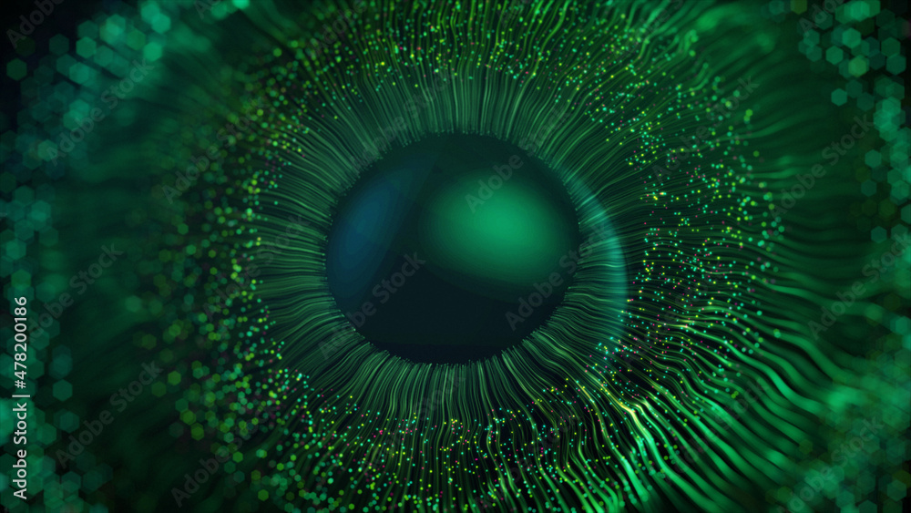 Digital human iris lines of green after an explosion scattering from a  bright circle and forming a three-dimensional human eye model. 3D rendering  animated abstract background in 4K Stock Illustration | Adobe
