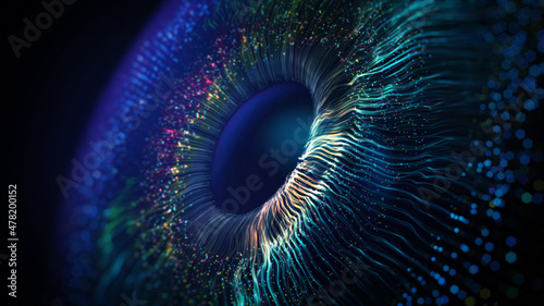 Blue and azure colored lines after a blast scattering out of a bright circle and forming volumetric human blue eye model. Human iris of the eye concept. 3d rendering animated abstract background in 4K photo