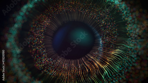 Golden colored human digital iris lines after a blast scattering out of a bright circle and forming volumetric human blue eye model. 3d rendering animated abstract background in 4K