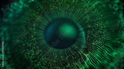 Digital human iris lines of green after an explosion scattering from a bright circle and forming a three-dimensional human eye model. 3D rendering animated abstract background in 4K