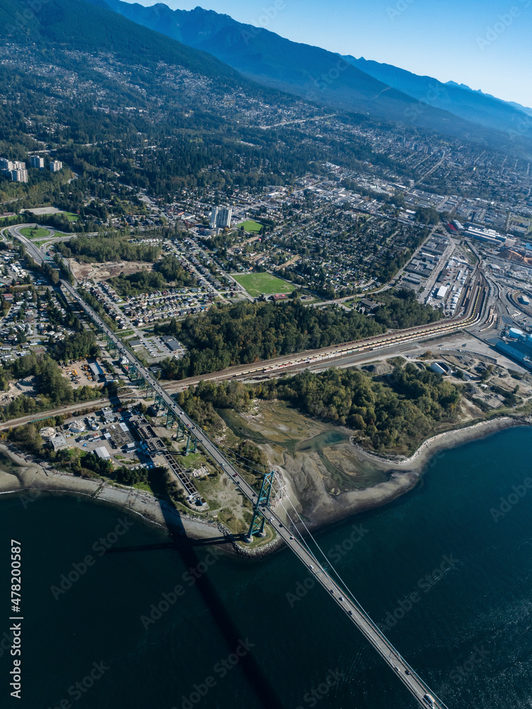 Stock aerial photo of Lions Gate Bridge and North Vancouver, Canada