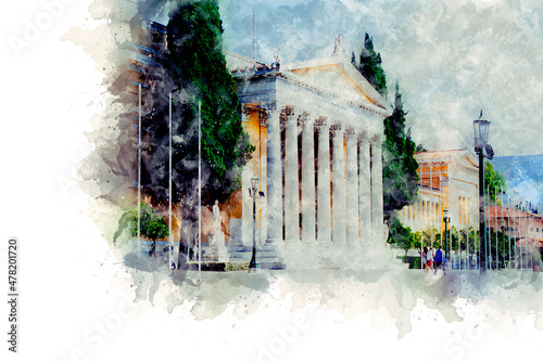 Watercolor drawing. Zappeion palace building in the National Gardens of Athens. Greece photo