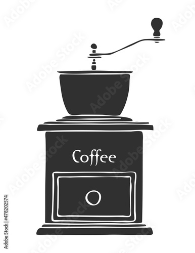Retro coffee grinder. Antique device for preparing a coffee drink. Cafe symbol. Black silhouette. Vector isolated hand drawn illustration