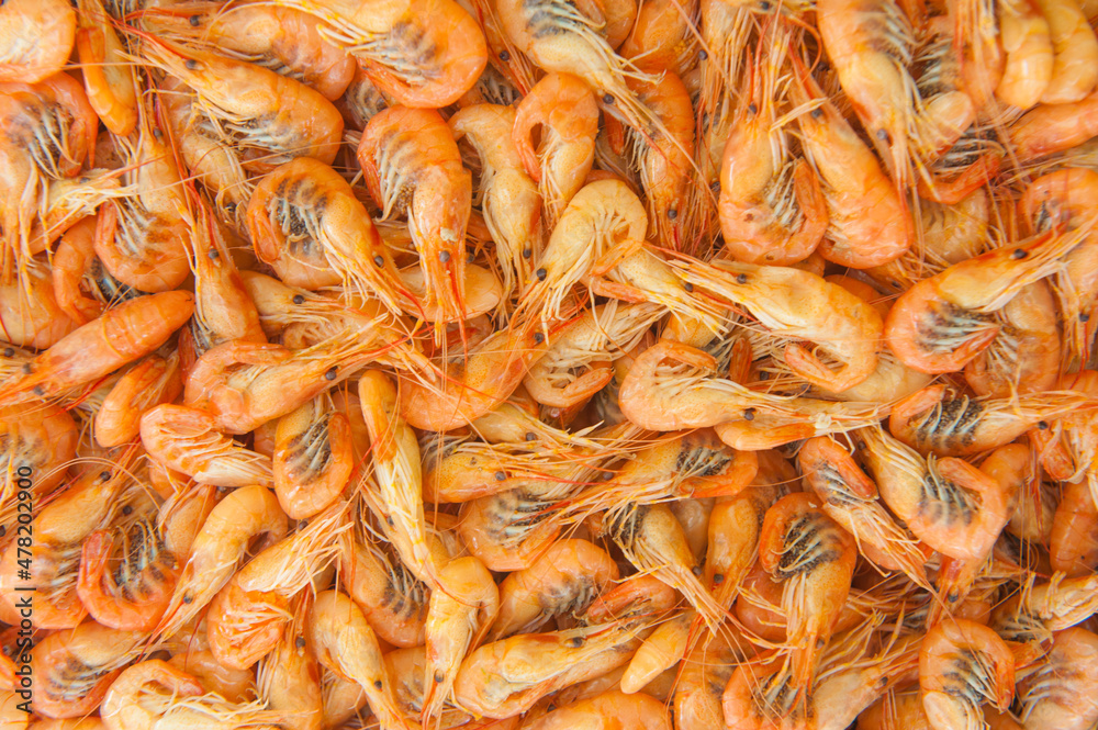 Cooked shrimps food background, top view Cooked shrimps food background, top view