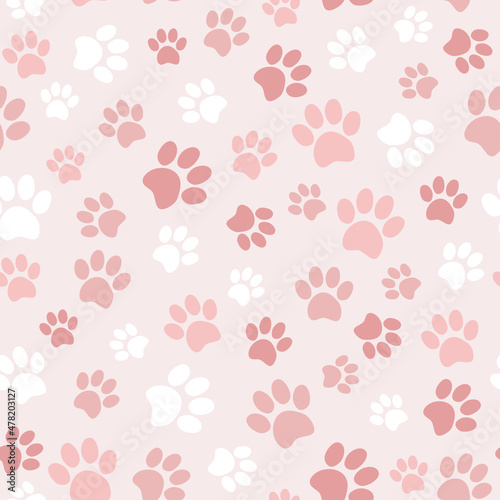 Seamless pet paw pattern. Cat or dog footprint background. Vector illustration. It can be used for wallpapers, wrapping, cards, patterns for clothes and other.