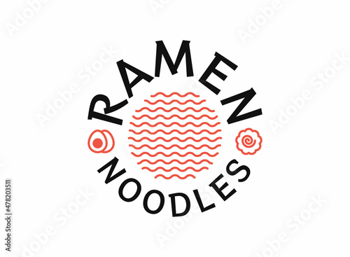 Ramen noodles logo in circle with boiled eggs and narutomaki icon for asian restaurant. Ramen soup bowl logo in thin line style. Japanese food symbol for cafe, food delivery, store, menu collection