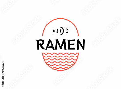Ramen noodles with fish logo for asian restaurant. Ramen soup bowl logo in thin line style. Japanese food icon for cafe, food delivery, store, menu collection
