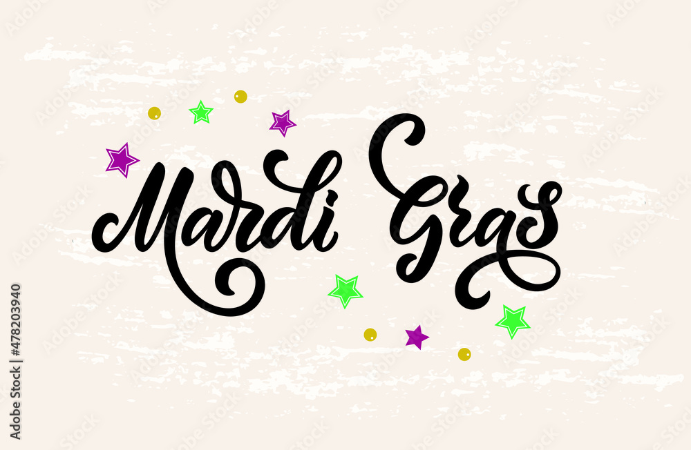 Mardi Gras (meaning Fat Tuesday) lettering card. Hand drawn text. Modern brush ink calligraphy with colorful stars and beads. Typography design for greeting card, poster, banner. Vector illustration