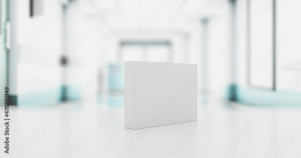 Box of pills - label template for advertising on a green background, hospital corridor. Box slide from right to left. Includes a surface tracking mask