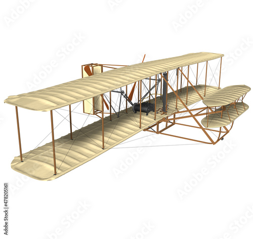 Wright Brothers Airplane. 3D rendering illustration of the first airplane (Flyer I) designed and made by the Wright Brothers.