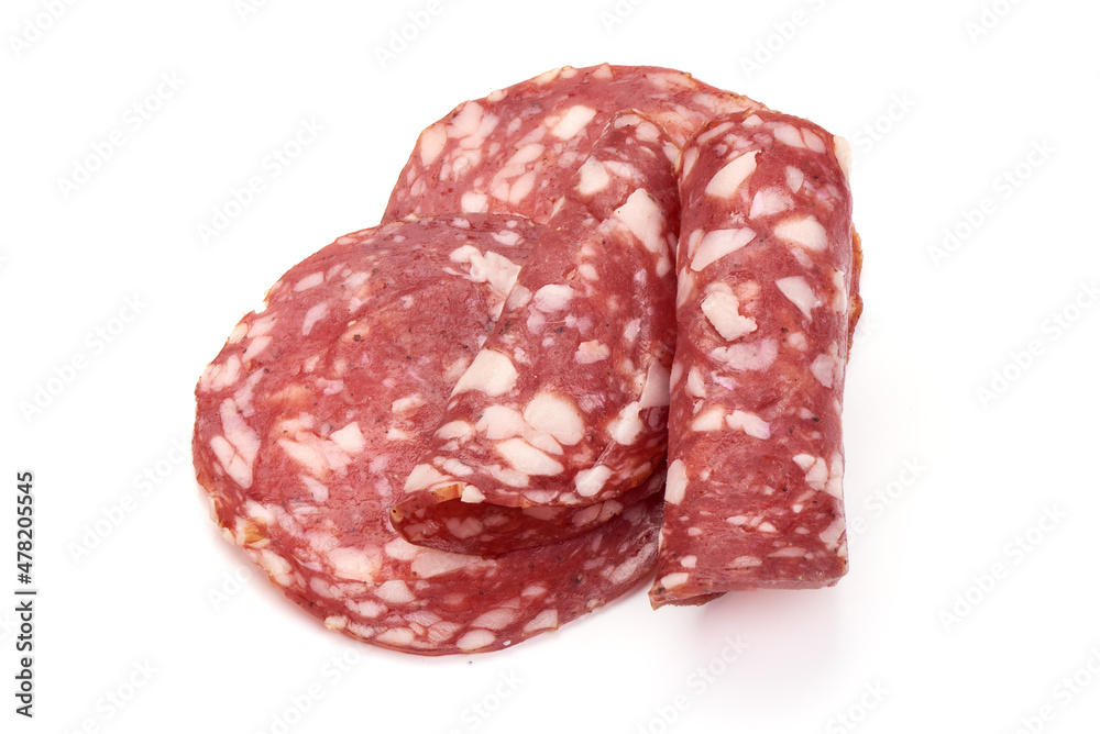 Salami smoked sausage, Traditional dry-cured Milano salami, isolated on white background. Salami smoked sausage, Traditional dry-cured Milano salami, isolated on white background.