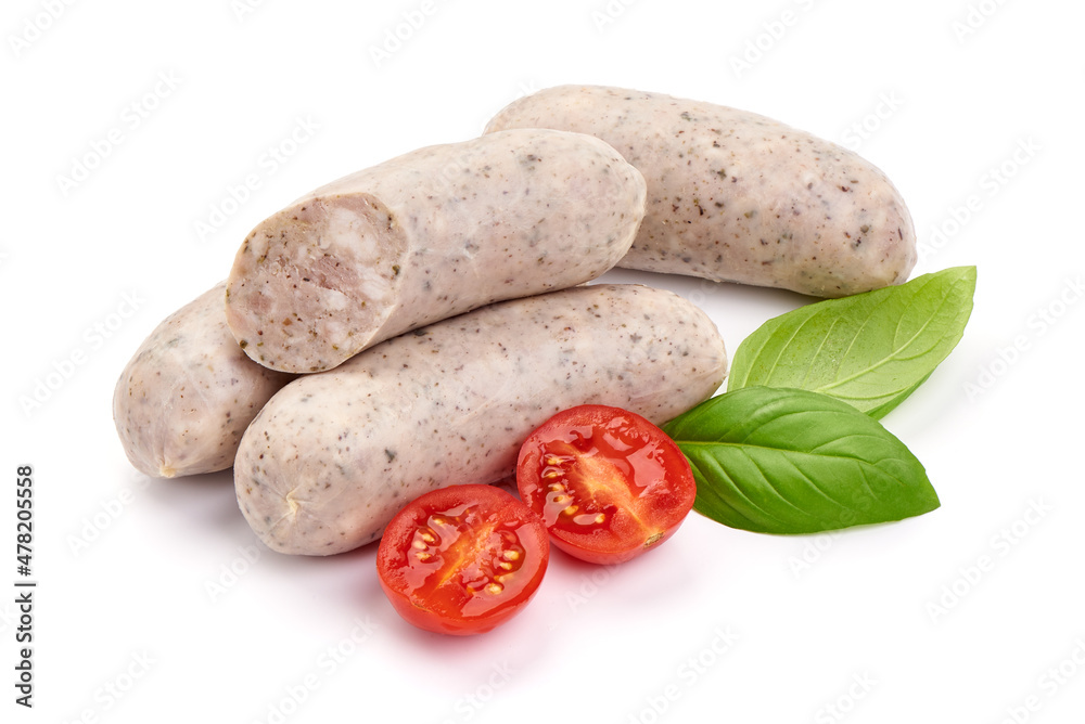 Munich Veal Sausages, close-up, isolated on white background. Munich Veal Sausages, close-up, isolated on white background.