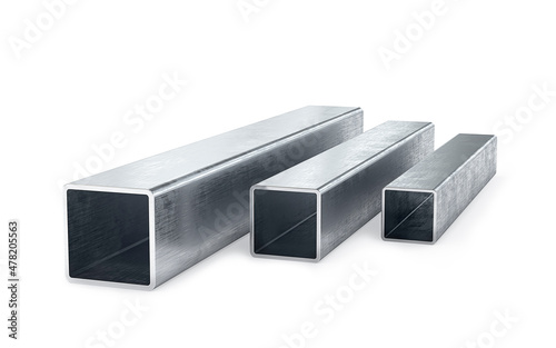 Rectangular metal profile pipes isolated on white background in different sizes. 3d rendering