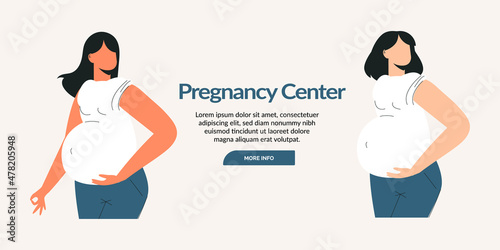 Pregnant women or prenatal mom with big belly for pregnancy concept. Maternity and motherhood landing page or banner. Future young mum with tummy flat vector cartoon illustration. Happy Woman's Day