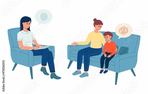 Mother and little son in the office of a child psychologist. Family consultation. Psychologist and professional support concept. Vector illustration © Valentina