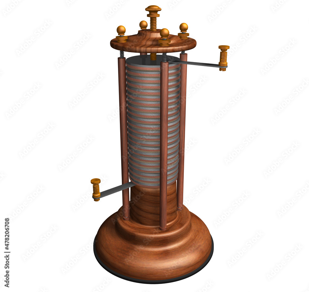 Alessandro Volta Pile or Battery. 3D Rendering Illustration of a Pile or  Battery designed, invented and created by Alessandro Volta in the XVIII.  Stock Illustration | Adobe Stock