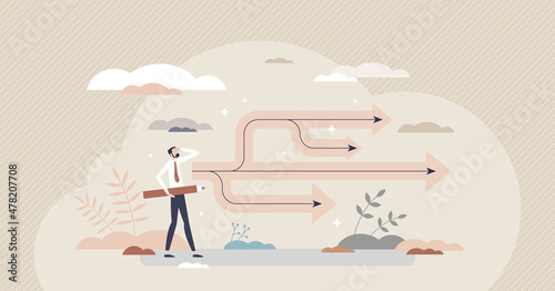 Planning backup with possible business scenario options tiny person concept. Various solutions and options as successful preparation for future risks vector illustration. Possible alternative path. photo